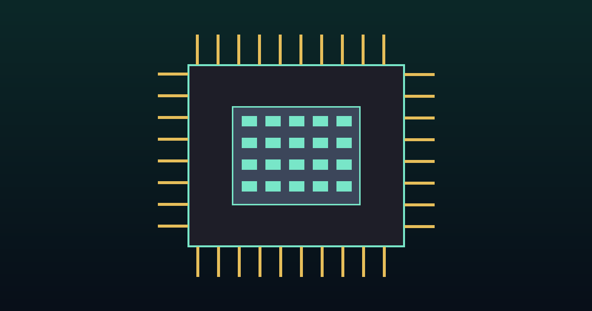 A stylised microchip with glowing circuit pads