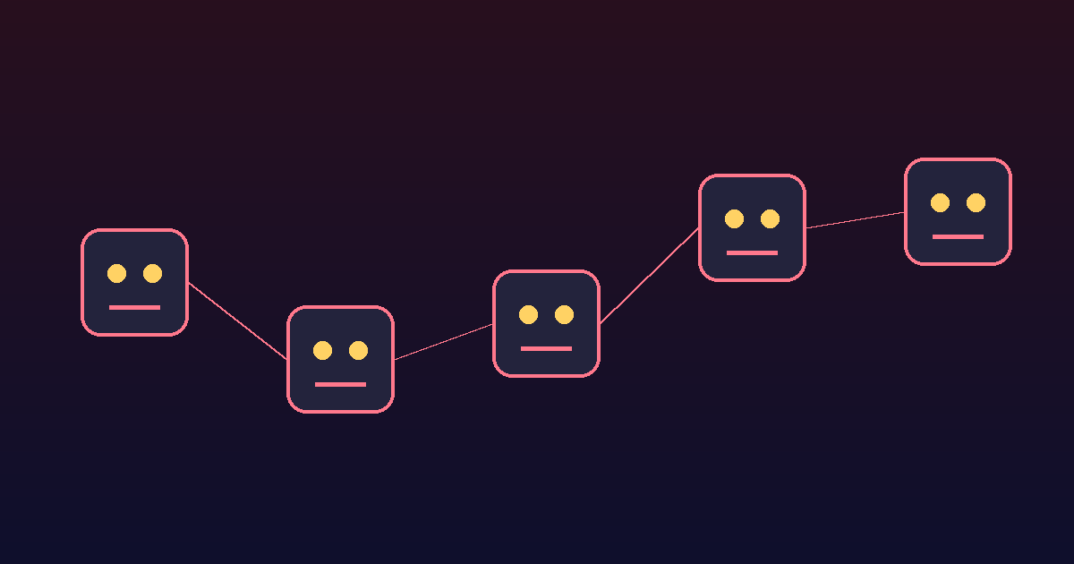 Five simple robot faces connected by lines