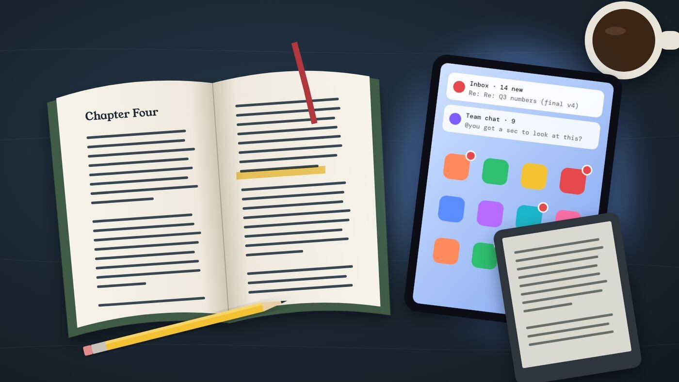 An open paper book with a pencil beside a glowing tablet full of notifications and a grey e-reader