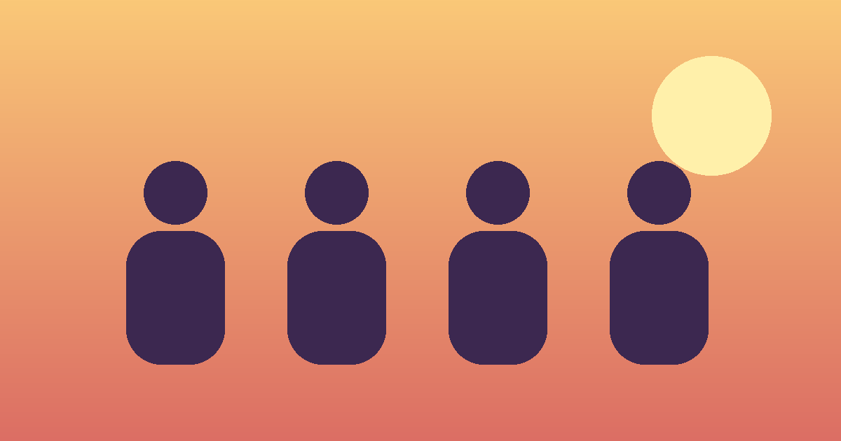 Four simple silhouettes of colleagues under a rising sun